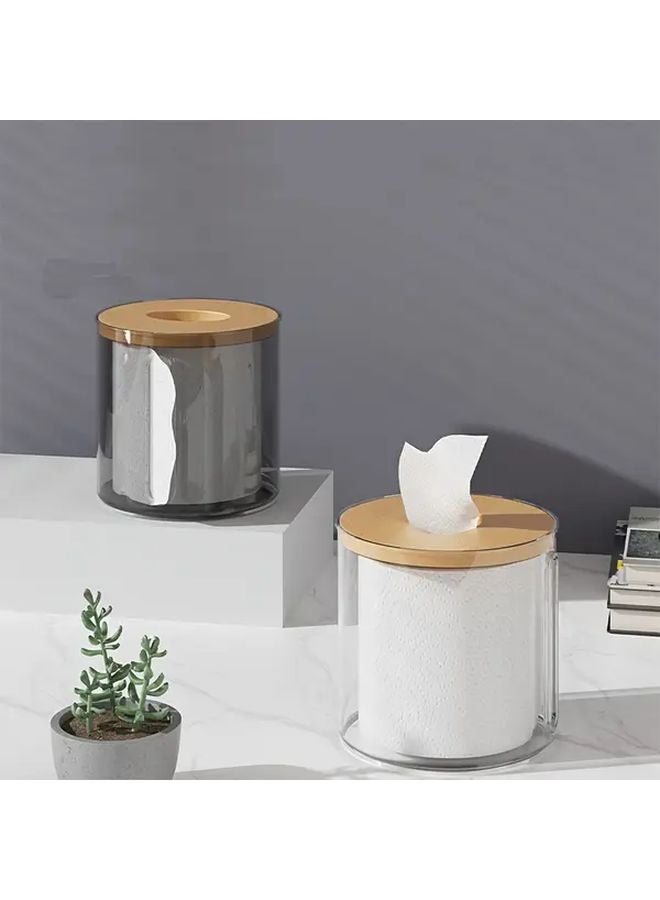 Transparent Silvery Round Tissue Box With Bamboo Lid Bathroom Living Room Storage Container - Image 1